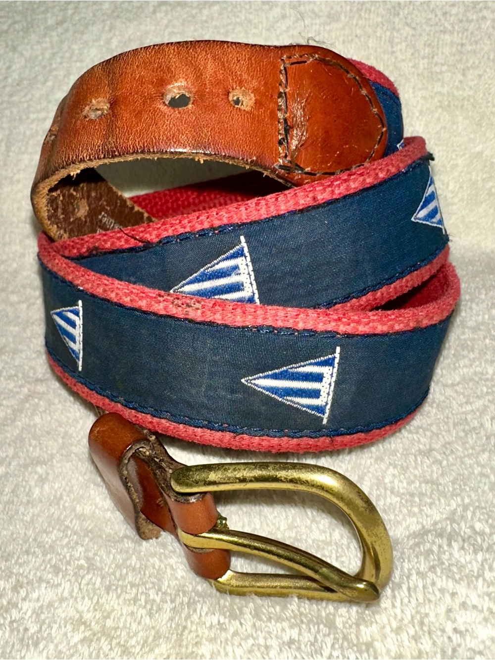 Vintage Leather Man Ltd Sailboat Ribbon Canvas Belt Brass Size 42